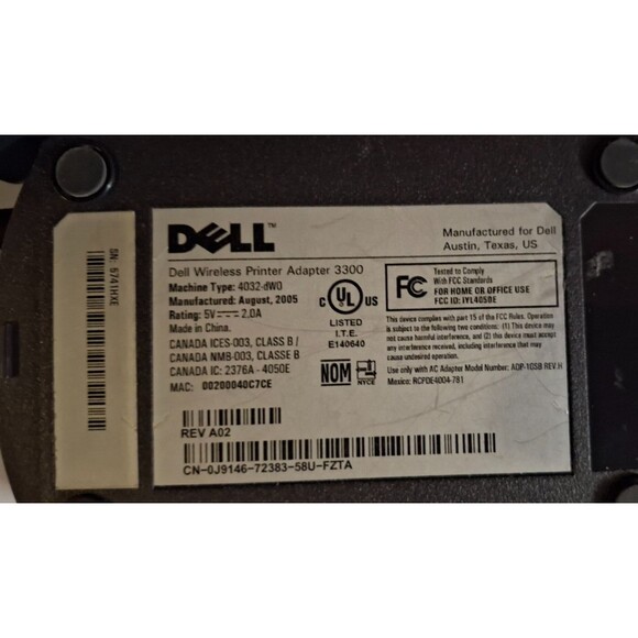 DELL Wireless Printer Adapter 3300 - Untested - Powers On - Picture 2 of 5